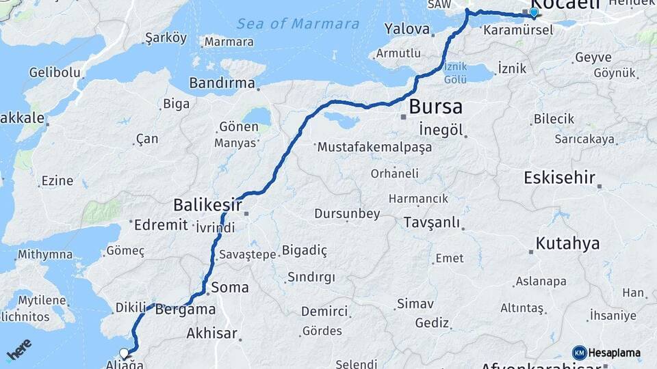 Kocaeli Kartepe Aliağa İzmir Arası Kaç Km - Yol Haritası