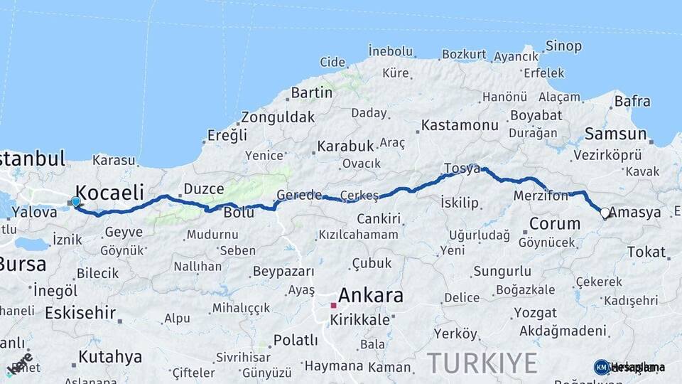 Kocaeli Kartepe Amasya Arası Kaç Km - Yol Haritası