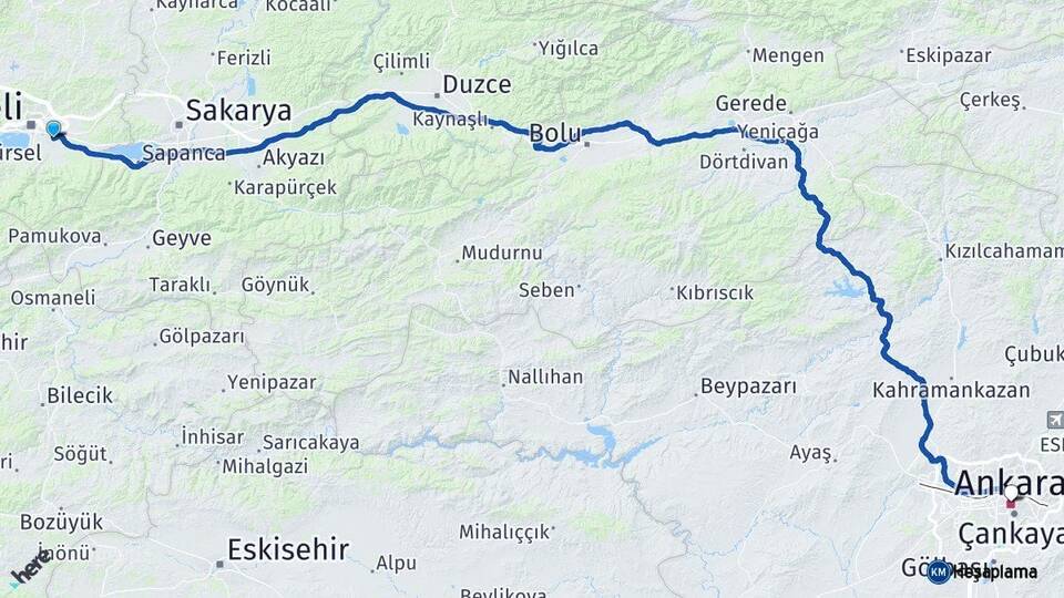 Kocaeli Kartepe Ankara Arası Kaç Km - Yol Haritası