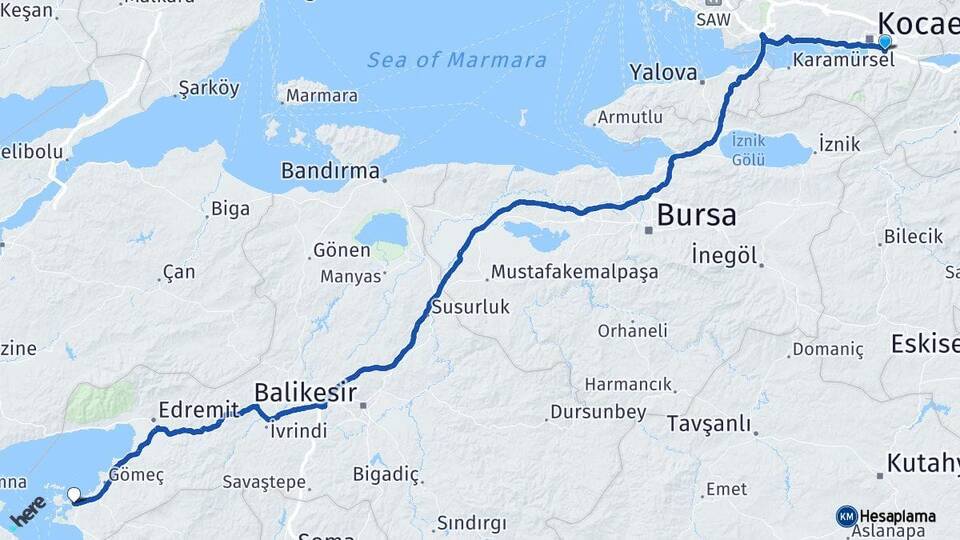 Kocaeli Kartepe Ayvalık Balıkesir Arası Kaç Km - Yol Haritası