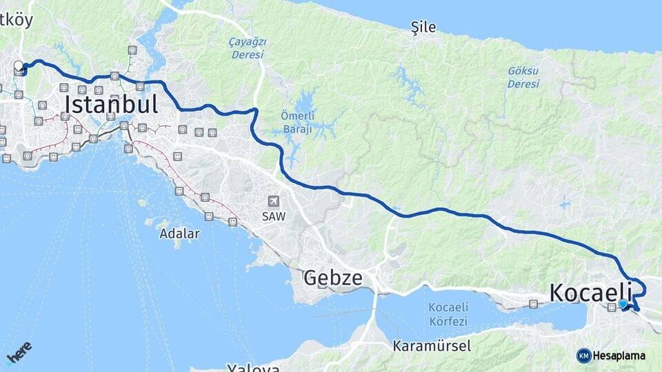 Kocaeli Kartepe Başakşehir İstanbul Arası Kaç Km - Yol Haritası