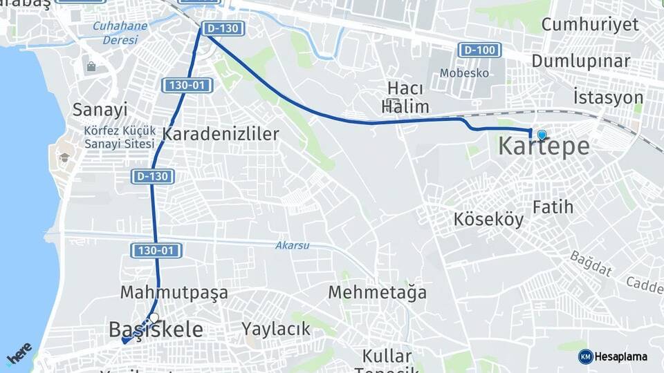 Kocaeli Kartepe Başiskele Arası Kaç Km - Yol Haritası