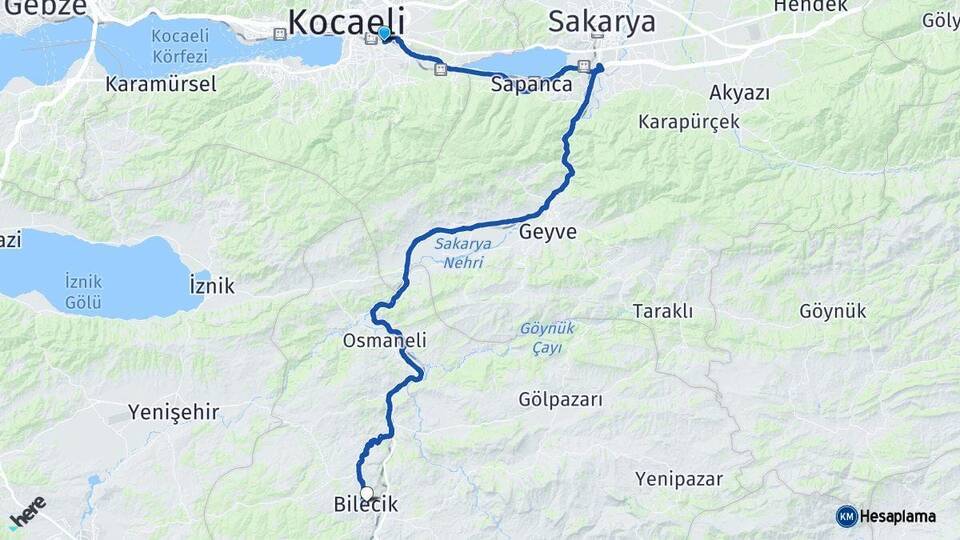 Kocaeli Kartepe Bilecik Arası Kaç Km - Yol Haritası