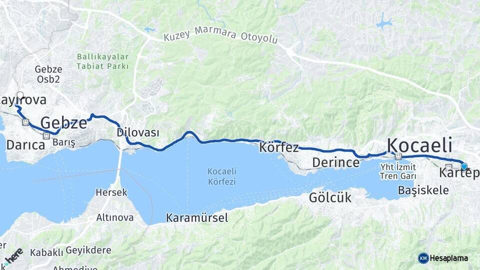 Kocaeli Kartepe Çayırova Arası Kaç Km - Yol Haritası