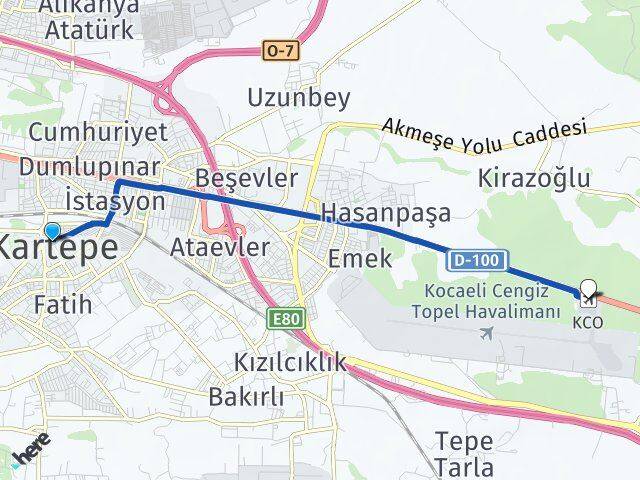 Kocaeli Kartepe Cengiz Topel Havalimanı Arası Kaç Km - Yol Haritası