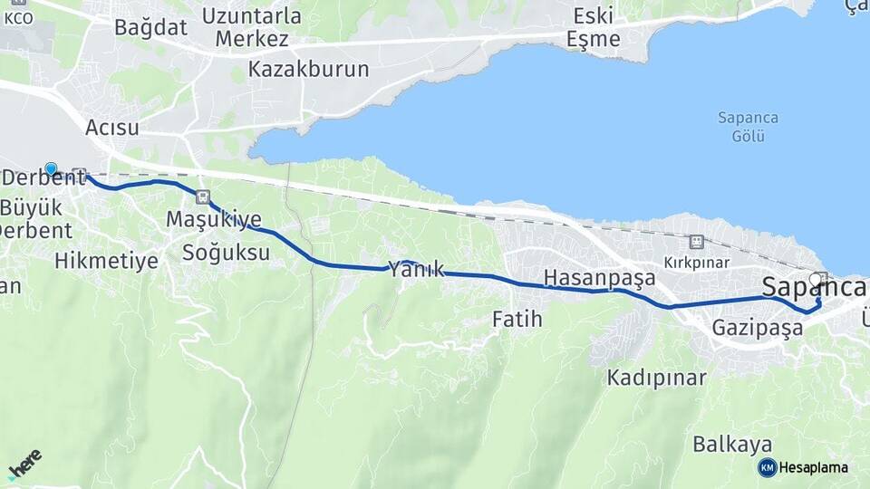 Kocaeli Kartepe Derbent Sapanca Sakarya Arası Kaç Km - Yol Haritası