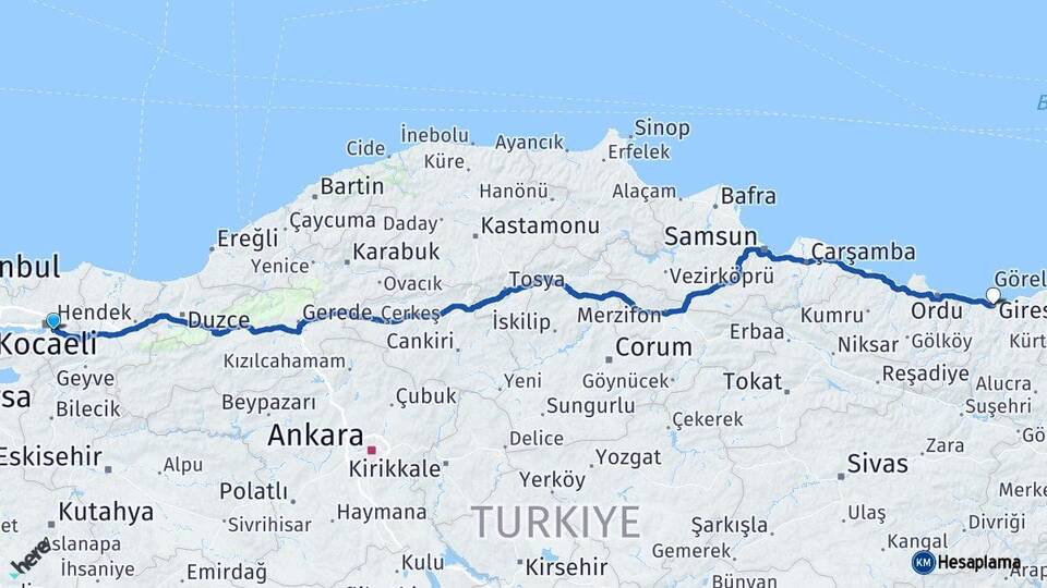 Kocaeli Kartepe Giresun Arası Kaç Km - Yol Haritası