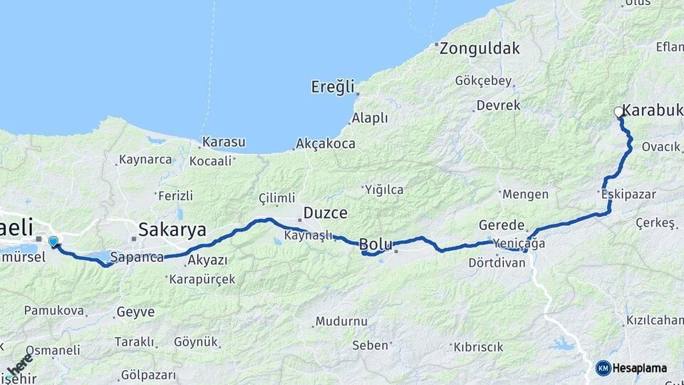 Kocaeli Kartepe Karabük Arası Kaç Km - Yol Haritası