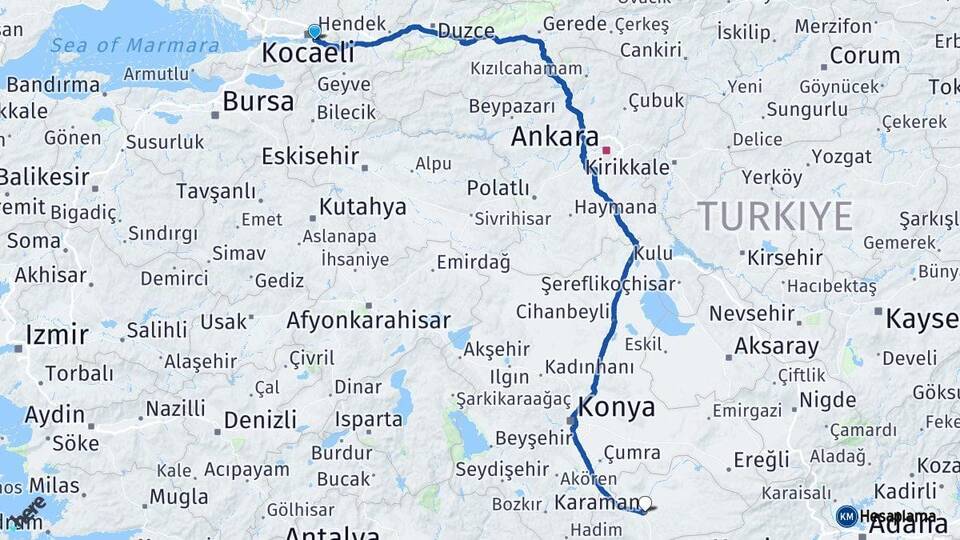 Kocaeli Kartepe Karaman Arası Kaç Km - Yol Haritası