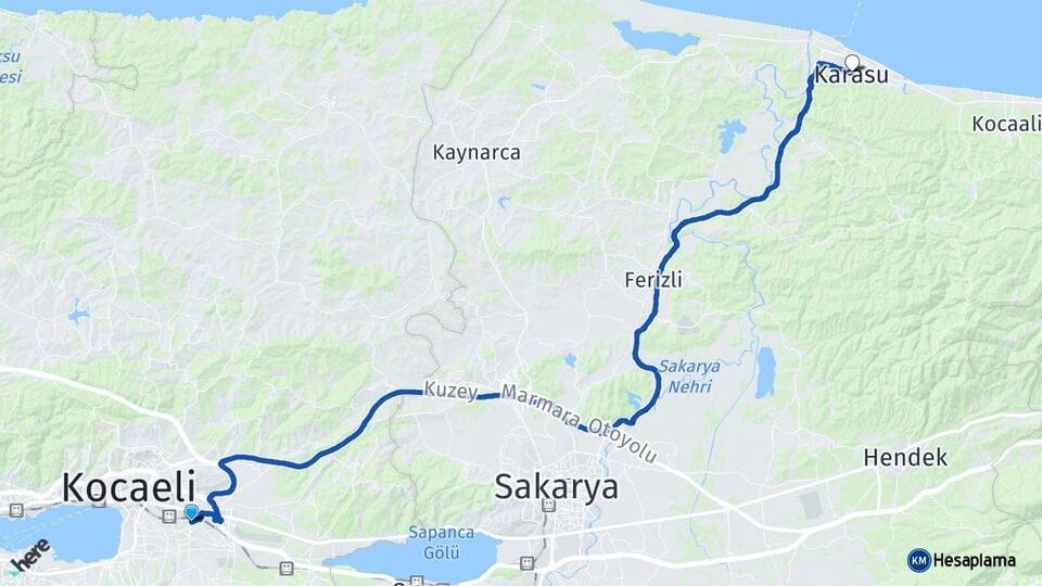 Kocaeli Kartepe Karasu Sakarya Arası Kaç Km - Yol Haritası
