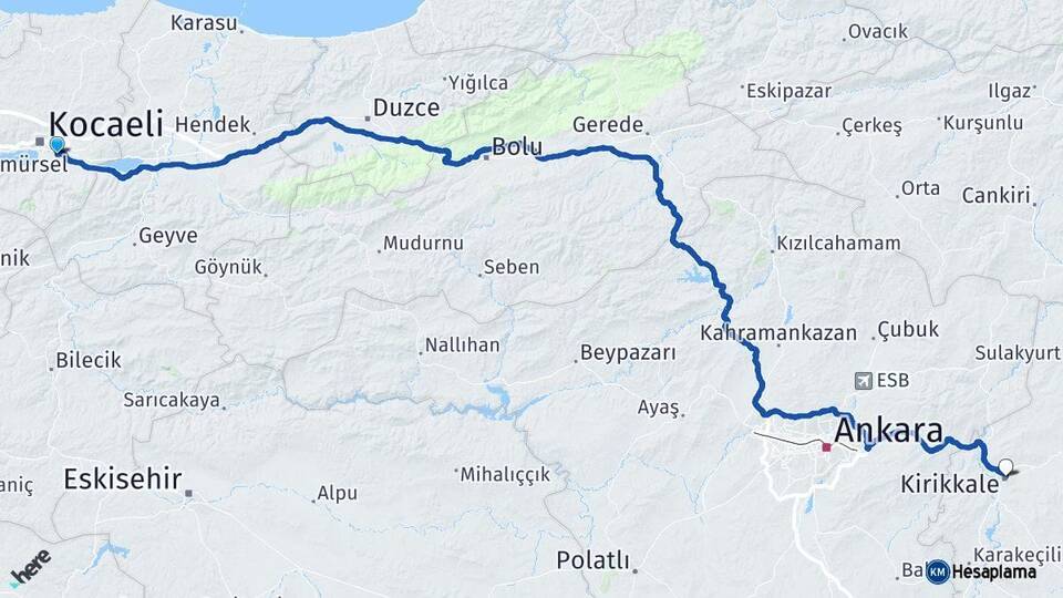 Kocaeli Kartepe Kırıkkale Arası Kaç Km - Yol Haritası