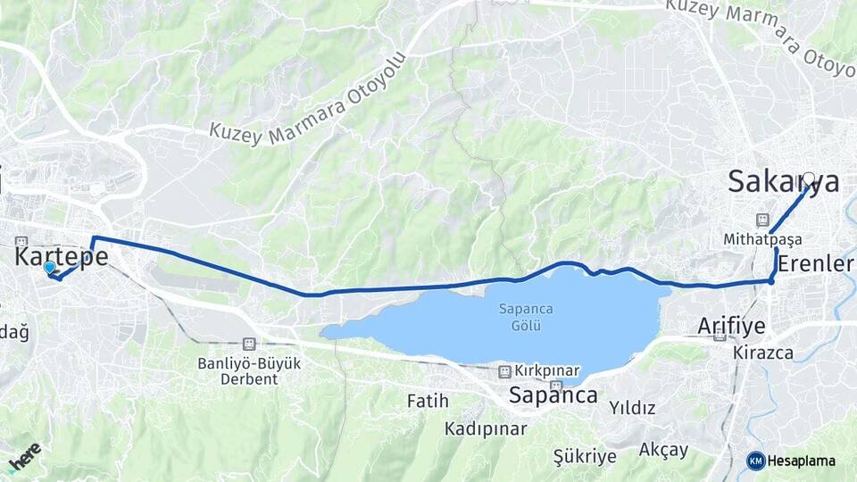 Kocaeli Kartepe Köseköy Adapazarı Sakarya Arası Kaç Km - Yol Haritası