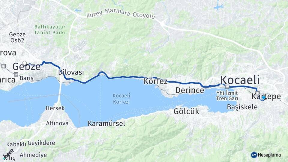 Kocaeli Kartepe Köseköy Gebze Arası Kaç Km - Yol Haritası