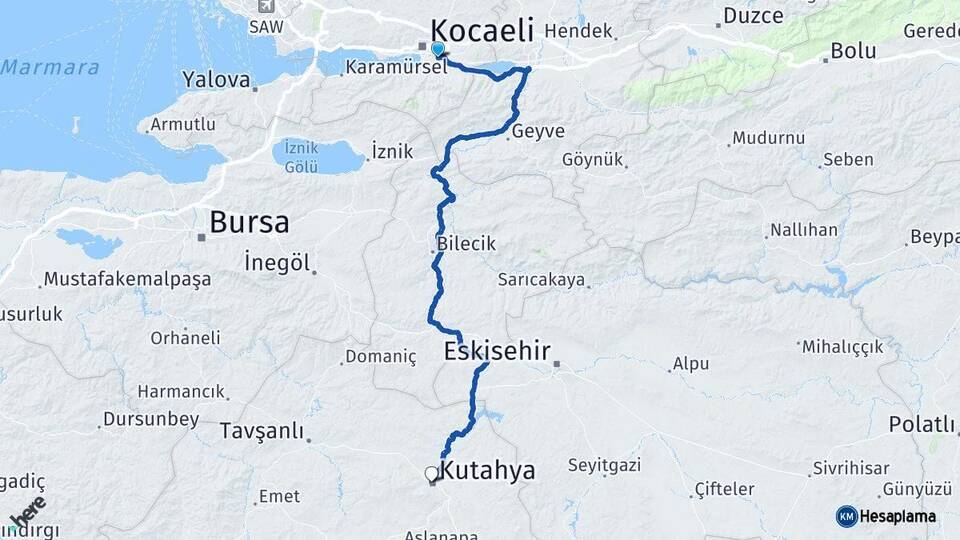 Kocaeli Kartepe Kütahya Arası Kaç Km - Yol Haritası