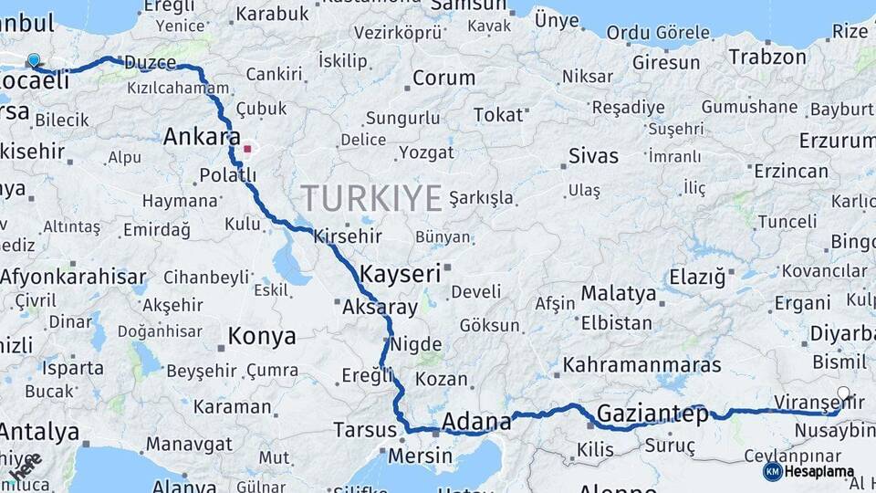 Kocaeli Kartepe Mardin Arası Kaç Km - Yol Haritası