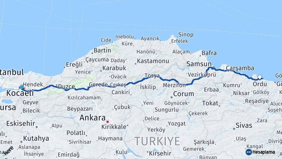 Kocaeli Kartepe Ordu Arası Kaç Km - Yol Haritası