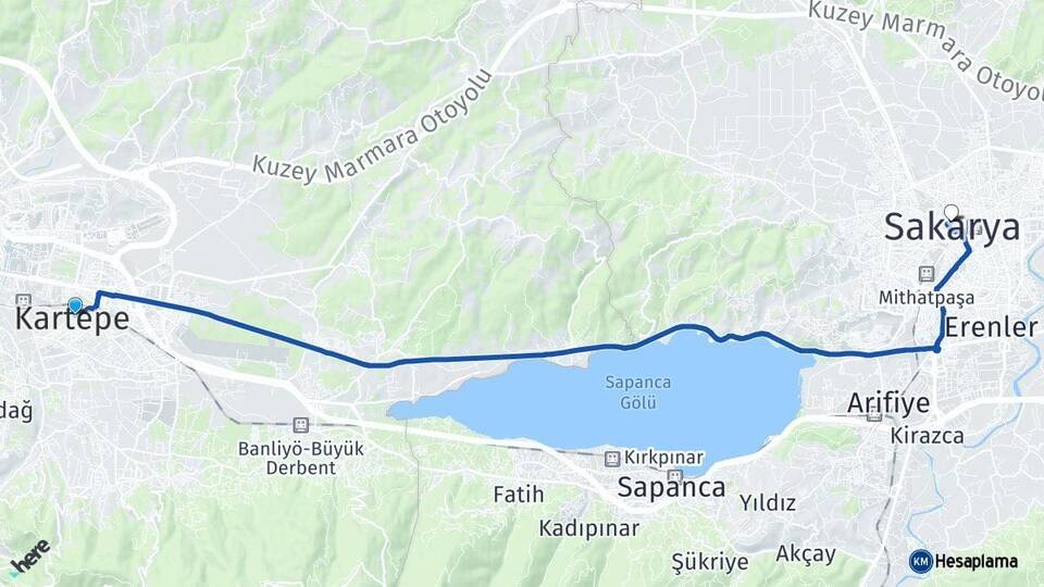 Kocaeli Kartepe Sakarya Arası Kaç Km - Yol Haritası