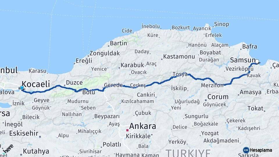 Kocaeli Kartepe Samsun Arası Kaç Km - Yol Haritası