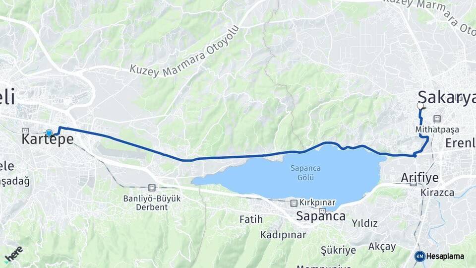 Kocaeli Kartepe Serdivan Sakarya Arası Kaç Km - Yol Haritası