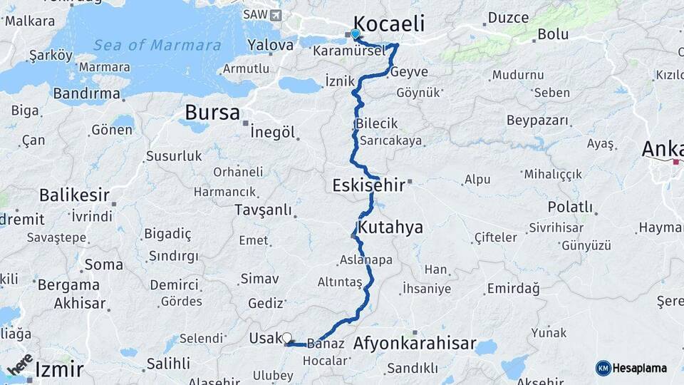 Kocaeli Kartepe Uşak Arası Kaç Km - Yol Haritası