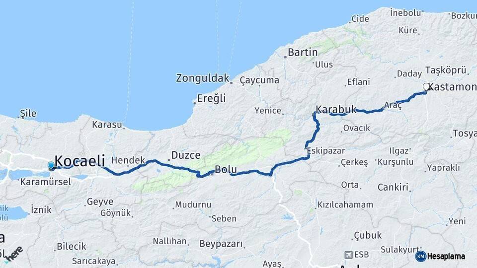 Kocaeli Kastamonu Arası Kaç Km - Yol Haritası