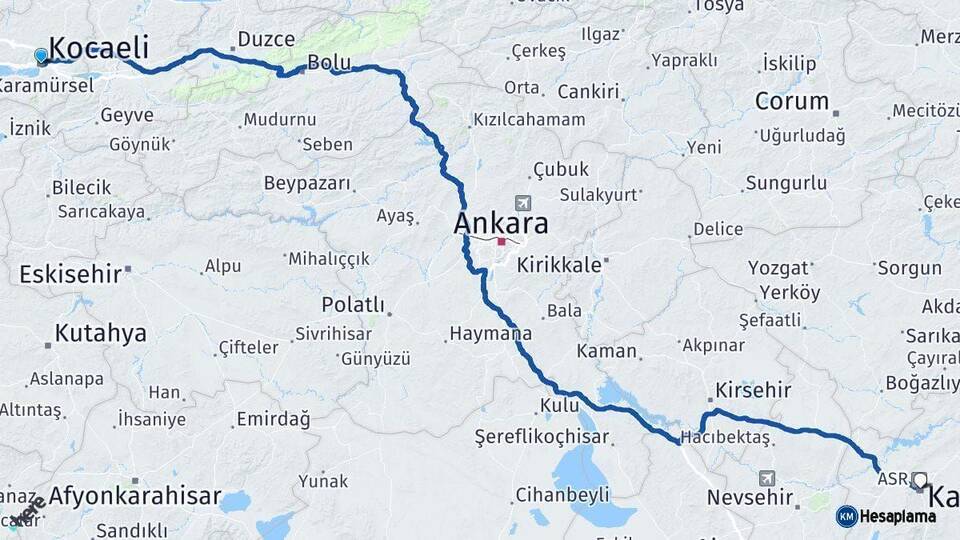 Kocaeli Kayseri Arası Kaç Km - Yol Haritası