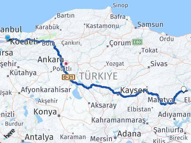 Kocaeli Keban Elazığ Arası Kaç Km - Yol Haritası