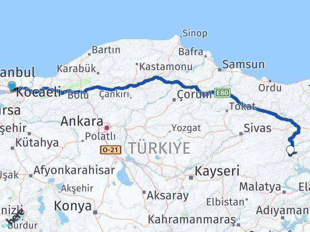 Kocaeli Kemaliye Erzincan Arası Kaç Km - Yol Haritası