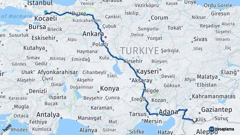 Kocaeli Kilis Arası Kaç Km - Yol Haritası