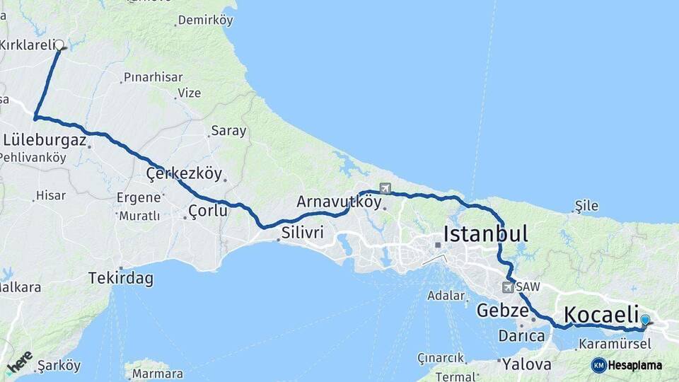 Kocaeli Kırklareli Arası Kaç Km - Yol Haritası