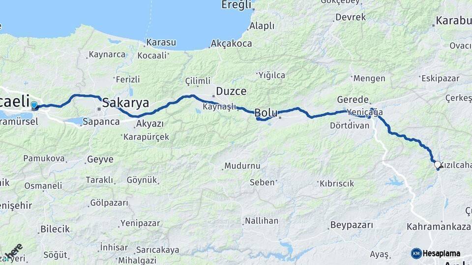 Kocaeli Kızılcahamam Ankara Arası Kaç Km - Yol Haritası