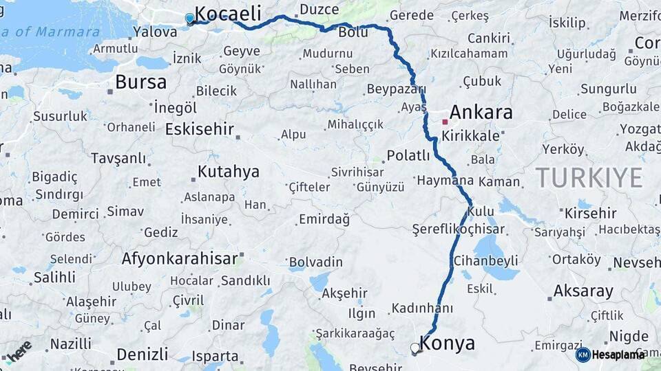 Kocaeli Konya Arası Kaç Km - Yol Haritası