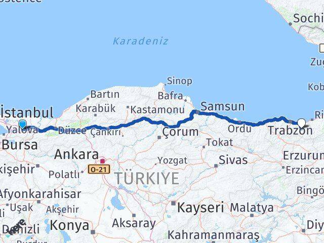 Kocaeli Köprübaşı Trabzon Arası Kaç Km - Yol Haritası