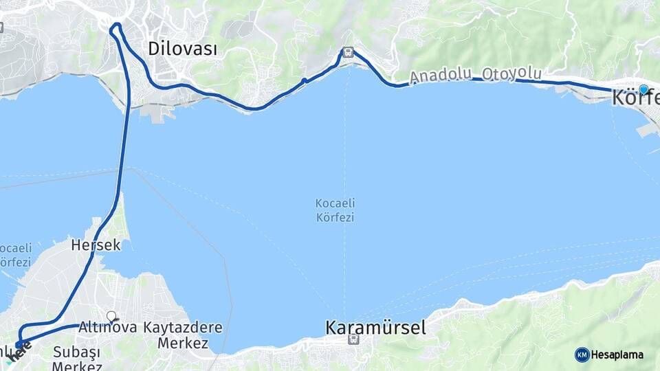 Kocaeli Körfez Altınova Yalova Arası Kaç Km - Yol Haritası