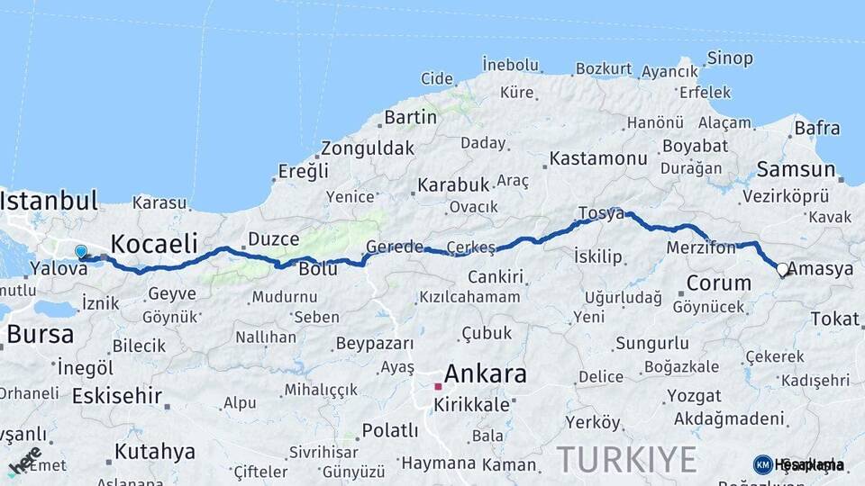 Kocaeli Körfez Amasya Arası Kaç Km - Yol Haritası