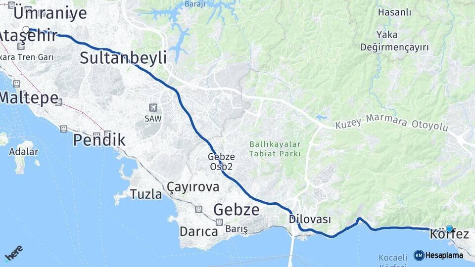Kocaeli Körfez Ataşehir İstanbul Arası Kaç Km - Yol Haritası