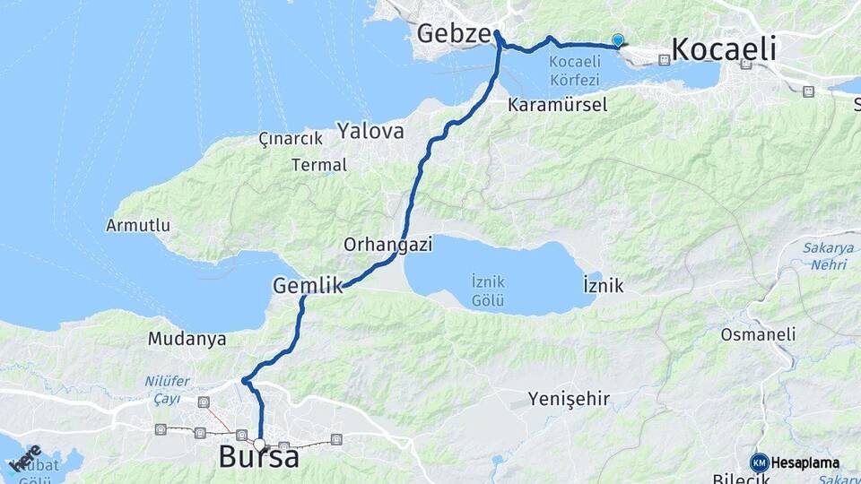 Kocaeli Körfez Bursa Arası Kaç Km - Yol Haritası