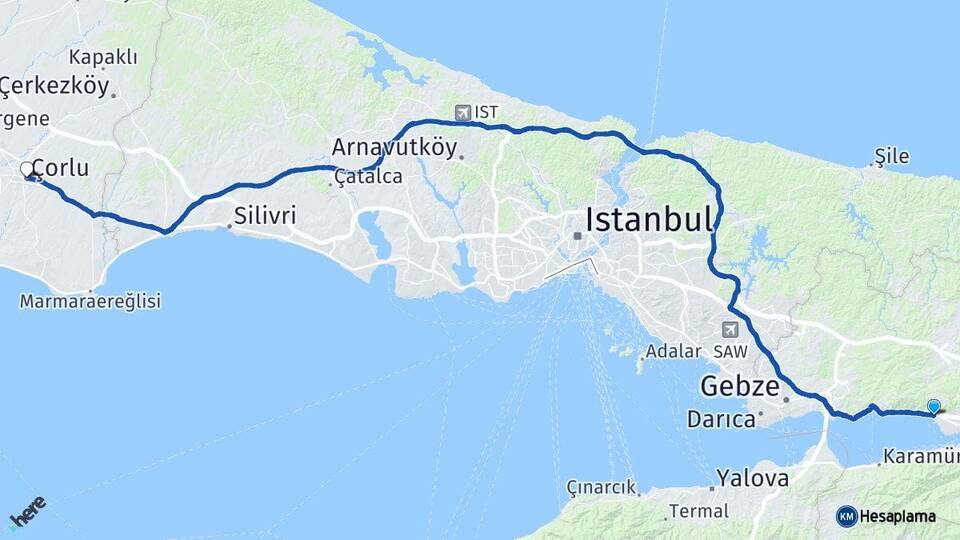 Kocaeli Körfez Çorlu Tekirdağ Arası Kaç Km - Yol Haritası