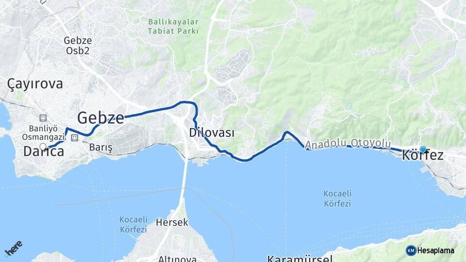 Kocaeli Körfez Darıca Arası Kaç Km - Yol Haritası