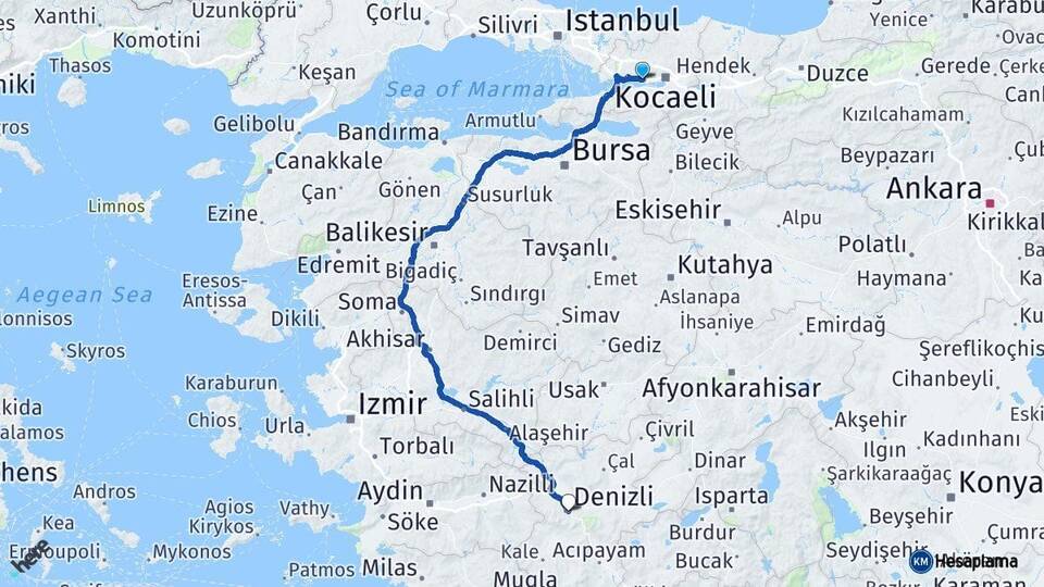 Kocaeli Körfez Denizli Arası Kaç Km - Yol Haritası