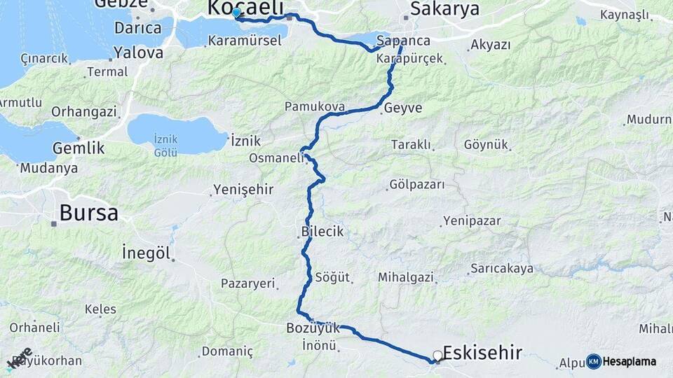 Kocaeli Körfez Eskişehir Arası Kaç Km - Yol Haritası