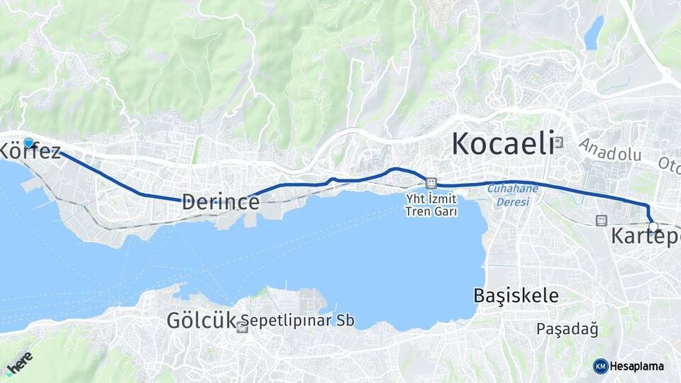 Kocaeli Körfez Kartepe Arası Kaç Km - Yol Haritası