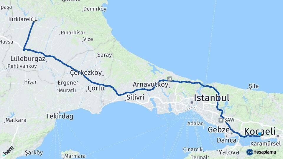 Kocaeli Körfez Kırklareli Arası Kaç Km - Yol Haritası