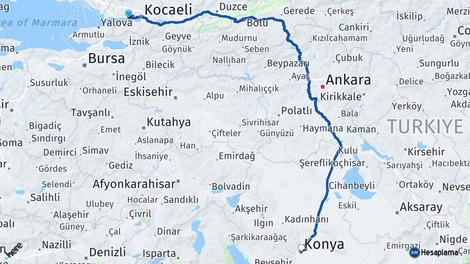 Kocaeli Körfez Konya Arası Kaç Km - Yol Haritası