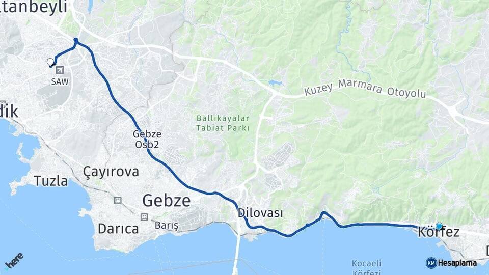Kocaeli Körfez Kurtköy Pendik İstanbul Arası Kaç Km - Yol Haritası