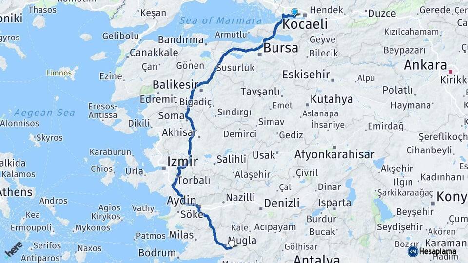 Kocaeli Körfez Muğla Arası Kaç Km - Yol Haritası