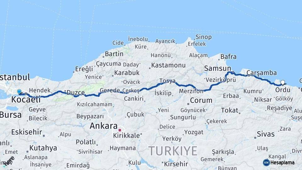 Kocaeli Körfez Ordu Arası Kaç Km - Yol Haritası