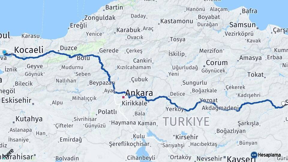 Kocaeli Körfez Sivas Arası Kaç Km - Yol Haritası