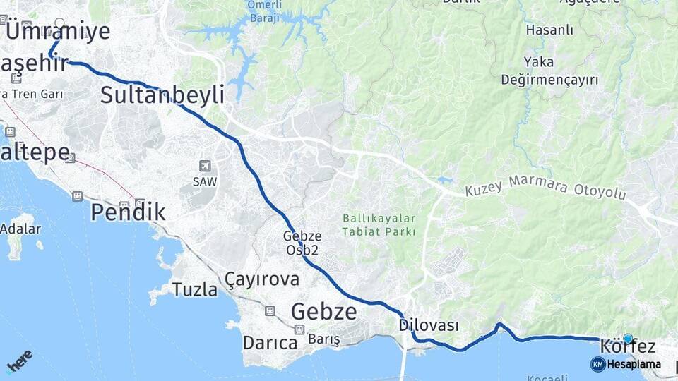 Kocaeli Körfez Ümraniye İstanbul Arası Kaç Km - Yol Haritası