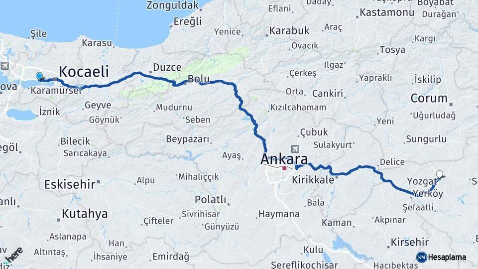 Kocaeli Körfez Yozgat Arası Kaç Km - Yol Haritası